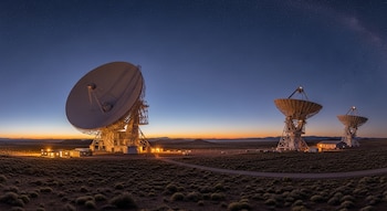 Tres radiotelescopios parabólicos grandes en un desierto. Edificios iluminados y caminos bajo un cielo estrellado con gradiente de atardecer.