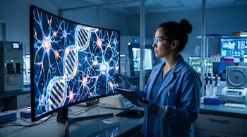 Una mujer con bata, gafas protectoras y guantes observa una pantalla curva con modelos de ADN y neuronas dentro de un laboratorio.