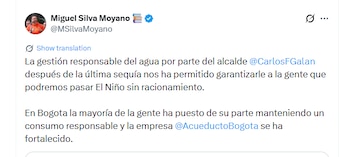 Alcaldía de Bogotá aseguró que no habrá racionamiento de agua en 2026 - crédito @MSilvaoyano/X