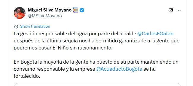 Alcaldía de Bogotá aseguró que no habrá racionamiento de agua en 2026 - crédito @MSilvaoyano/X