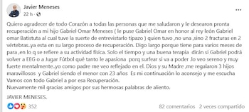 Captura de pantalla de una publicación de Facebook de Javier Meneses, con su foto de perfil, texto de agradecimiento y detalles sobre la recuperación de su hijo Gabriel