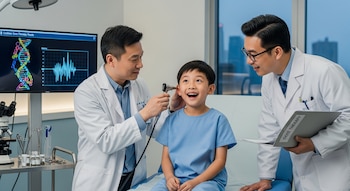Un niño chino sonriente en una camilla, un médico examina su oído con un otoscopio. Otro médico sostiene un folder. Una pantalla muestra ADN y resultados.