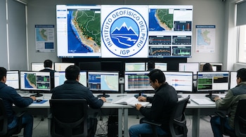Técnicos sentados ante computadoras observan pantallas de monitoreo con mapas de Perú y el logotipo del Instituto Geofísico del Perú.