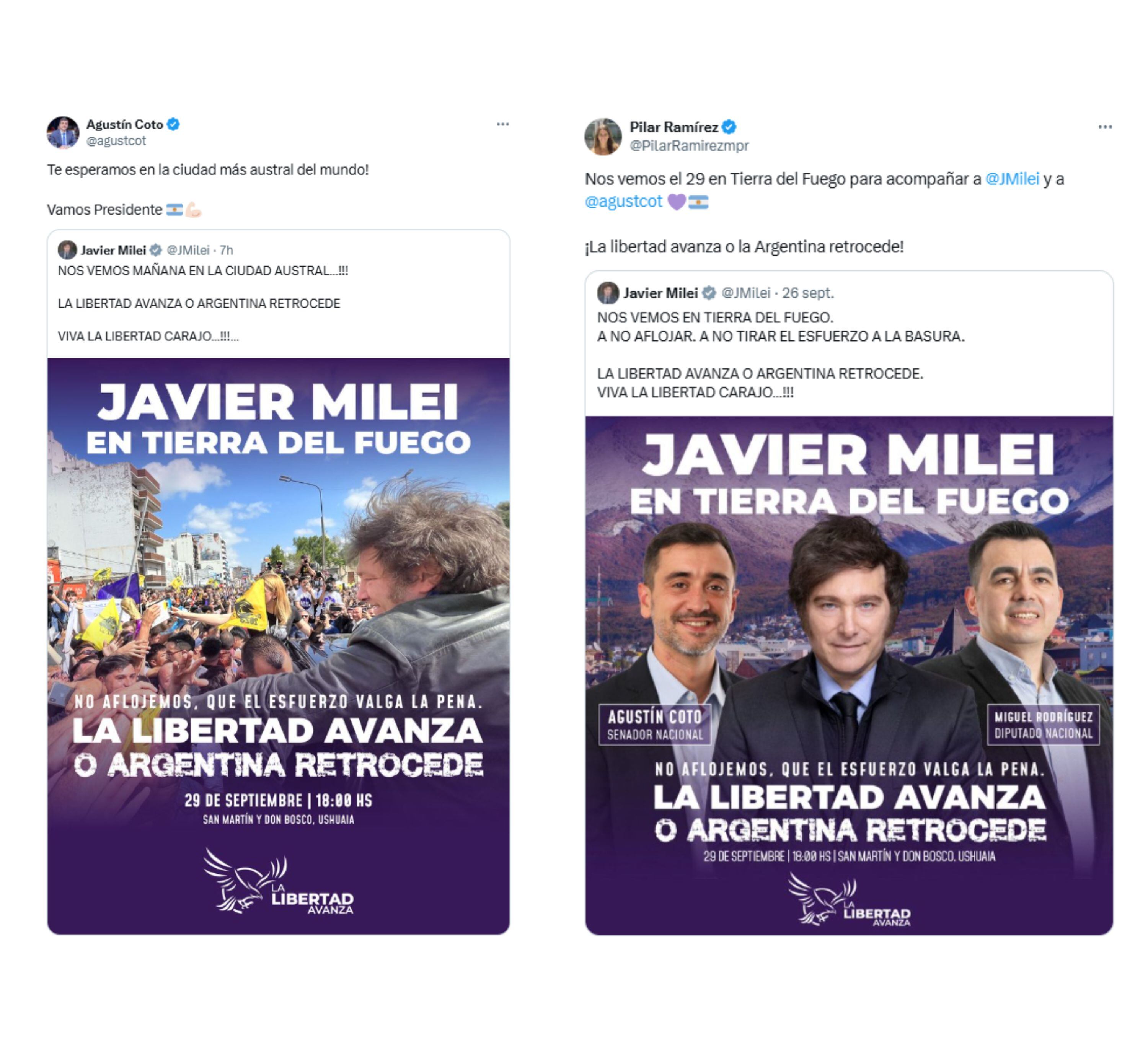 Durante su estadía en Ushuaia, Milei estará acompañado por los candidatos Agustín Coto y Belén Monte de Oca