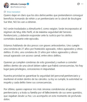 El gobernador de Mendoza, Alfredo Cornejo, dijo que los internos que exigieron el traslado al complejo Almafuerte I, no serán derivados al nuevo penal, al contrario, serán incorporados al régimen de "muy alto perfil" como presos de "máxima peligrosidad"