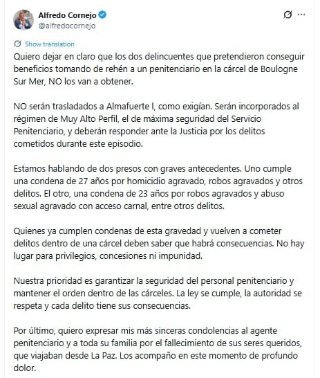 El gobernador de Mendoza, Alfredo Cornejo, dijo que los internos que exigieron el traslado al complejo Almafuerte I, no serán derivados al nuevo penal, al contrario, serán incorporados al régimen de