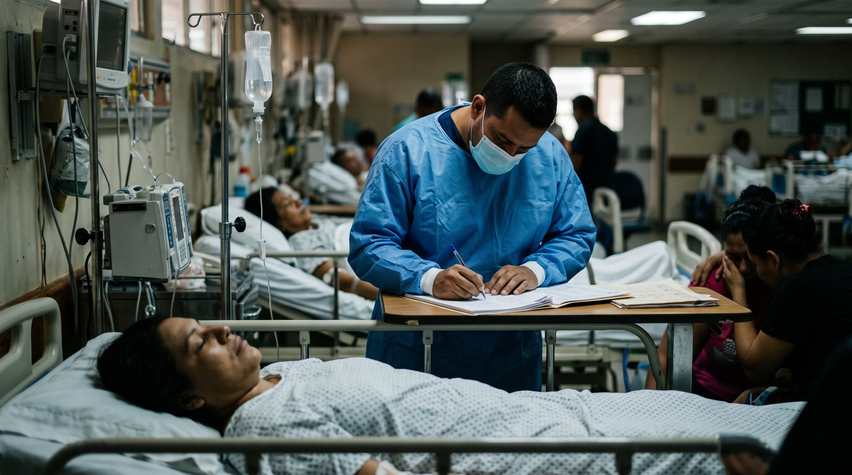 Un médico anota información al lado de una paciente fallecida por dengue en la sala de un hospital en Panamá. (Imagen Ilustrativa Infobae)