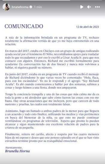 Brunella Horna se pronuncia tras