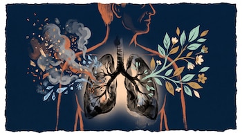 Silueta del torso de una persona con pulmones en el centro, rodeados por humo y partículas a un lado y ramas con hojas y flores al otro.