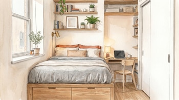 Ilustración en acuarela de un dormitorio pequeño con cama, estantes flotantes con libros y plantas, un escritorio con laptop, y un armario empotrado.