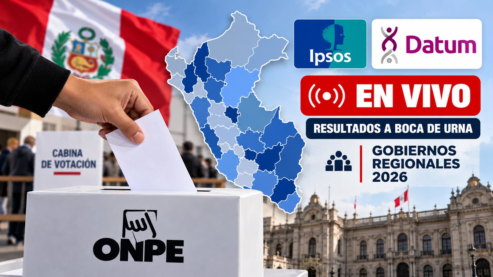 Un mapa de Perú y una urna electoral ilustran la transmisión de los resultados a boca de urna de Ipsos y Datum para los Gobiernos Regionales 2026. (Imagen Ilustrativa Infobae)