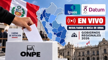 Composición con un mapa de Perú, una mano votando en una urna de la ONPE, la bandera nacional y los logotipos de Ipsos y Datum
