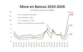 "La irregularidad de la cartera total llegó al 7,7% en mayo, con una diferencia enorme entre empresas, donde estaba en 3,5%, y familias, donde alcanzó 12,8%, y todo indica que en junio se habría estabilizado"