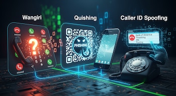 Ilustración de tres estafas digitales: Wangiri con un teléfono y llamadas perdidas, Quishing con un código QR malicioso y Caller ID Spoofing con un teléfono fijo y pantalla digital.