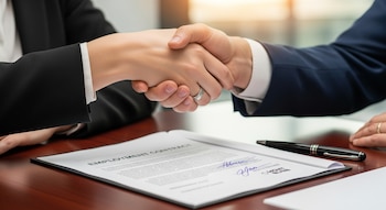 Primer plano de dos personas dándose la mano sobre un escritorio de madera. Un documento de "Employment Contract" con firmas y un bolígrafo yacen en la mesa.
