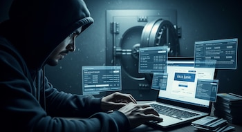 Hombre con capucha tecleando en un portátil, con múltiples pantallas de datos flotantes y una página de "FACK BANK", y una bóveda bancaria al fondo.