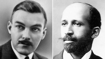 Dos retratos en blanco y negro de hombres. A la izquierda, un hombre caucásico con bigote fino. A la derecha, un hombre negro con bigote y barba