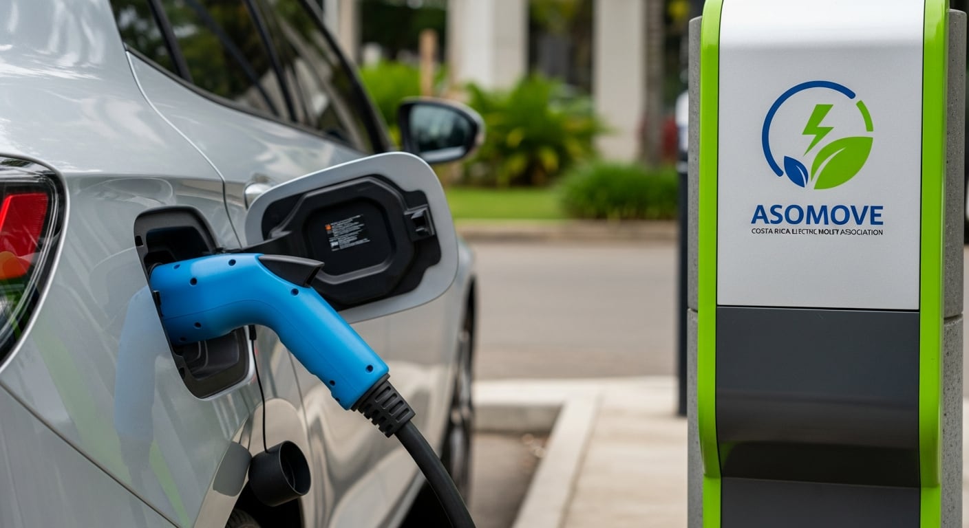 Un vehículo eléctrico plateado se carga en una estación pública con el logo de Asomove, simbolizando el progreso de la movilidad eléctrica en una acera urbana de Costa Rica. (Imagen Ilustrativa Infobae)