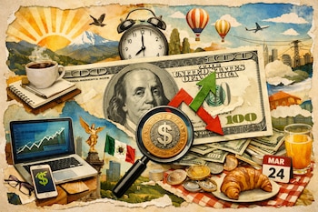 Billete de cien dólares, flechas, lupa, moneda con signo de dólar, laptop, celular, taza de café, despertador, calendario, croissant, jugo de naranja, bandera de México, monumento, edificios.