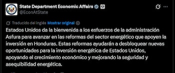 Estados Unidos expresó su respaldo a las reformas energéticas impulsadas por el Gobierno de Honduras. (FOTO: X)