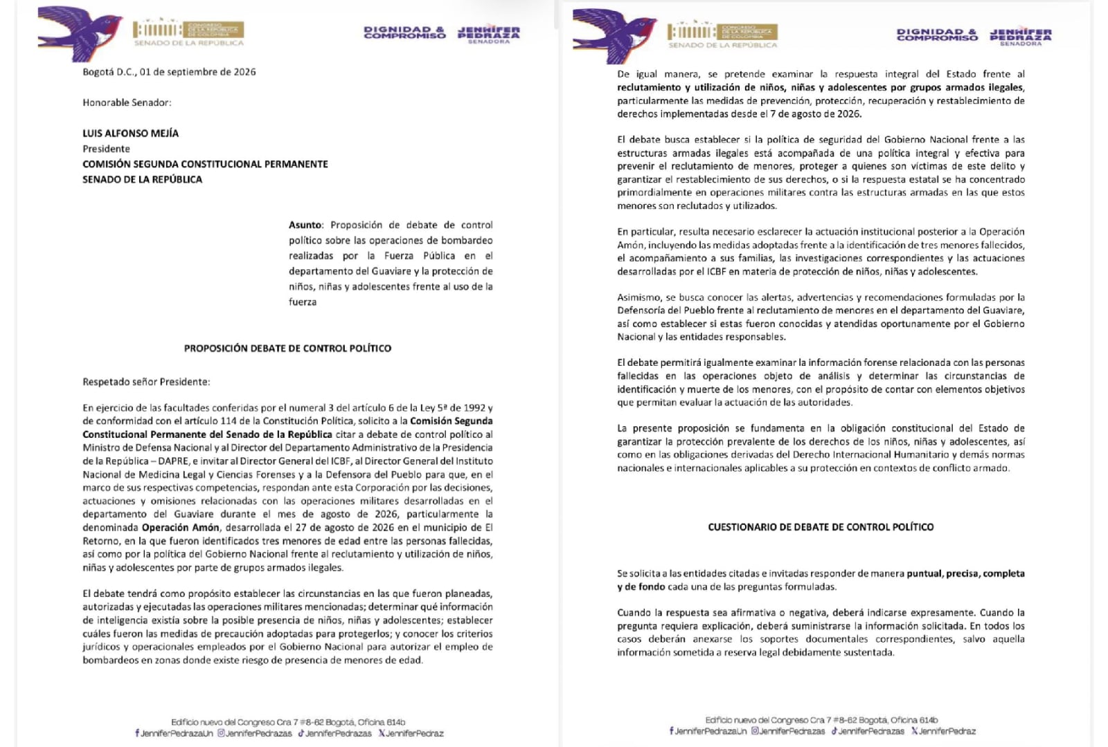 La congresista Jennifer Pedraza propuso la realización de un debate de control político al ministro de Defensa y al director del Dapre. Aseguró que busca evaluar las operaciones militares realizadas en agosto en Guaviare, específicamente una que derivó en la muerte de tres menores de edad - crédito @JenniferPedraz/X
