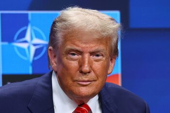 The president of the United States, Donald Trump, reacts during a press conference at a NATO summit in The Hague, Netherlands, on June 25, 2025.