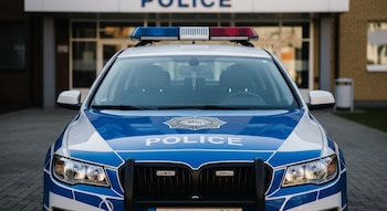 Vehículo patrullero moderno estacionado, pintado en azul y blanco, con la palabra POLICE y un emblema en el capó, luces de emergencia en el techo.