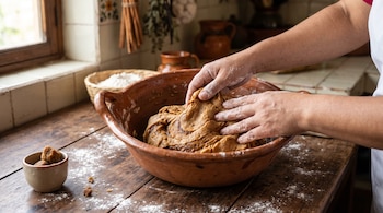 Manos con harina amasan una masa marrón dentro de una cazuela de barro sobre una mesa de madera con restos de harina y un pocillo.