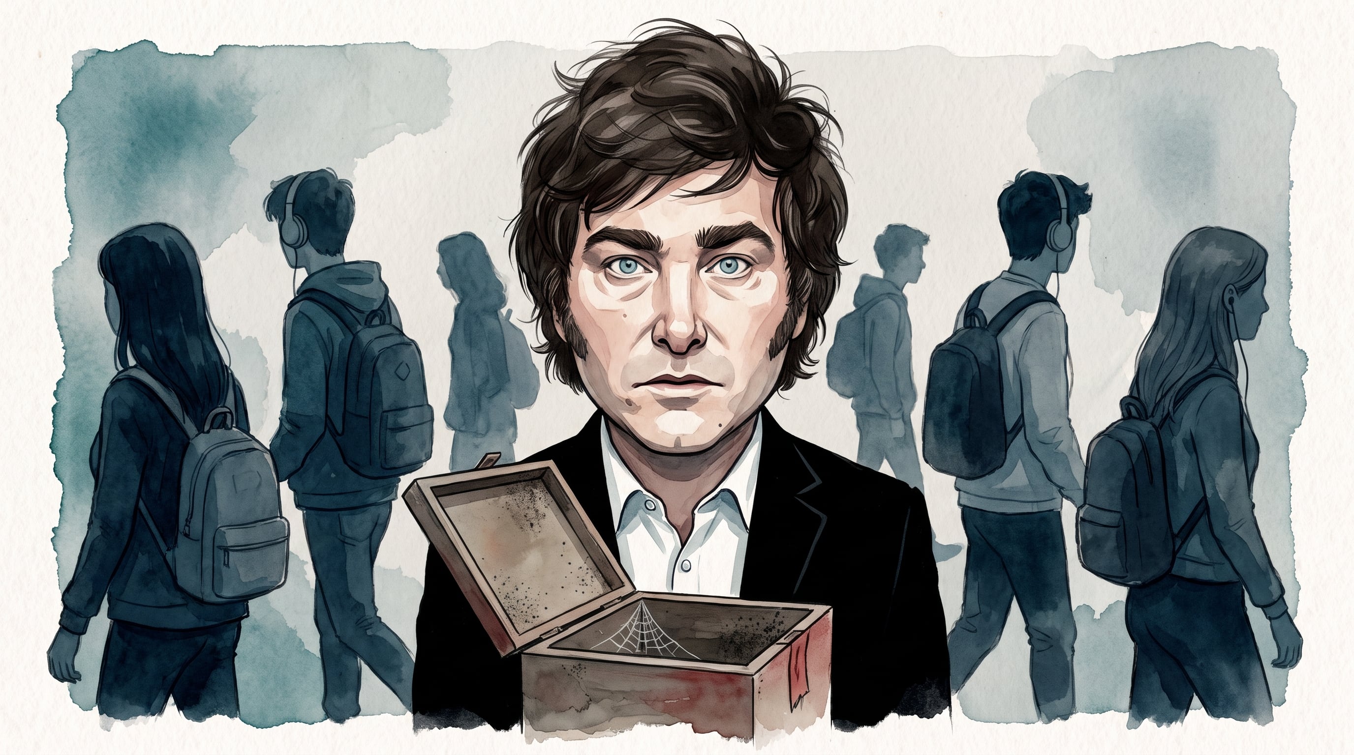 Javier Milei observa una urna electoral vacía con telarañas mientras varias siluetas de jóvenes se alejan a su alrededor. (Imagen Ilustrativa Infobae)