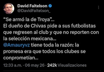 David Faitelson aprovechó la misma plataforma para mostrar su respaldo al dueño de Guadalajara y destacó que el acuerdo era que todos los clubes se comprometían a apoyar a la Selección Mexicana (captura de pantalla)