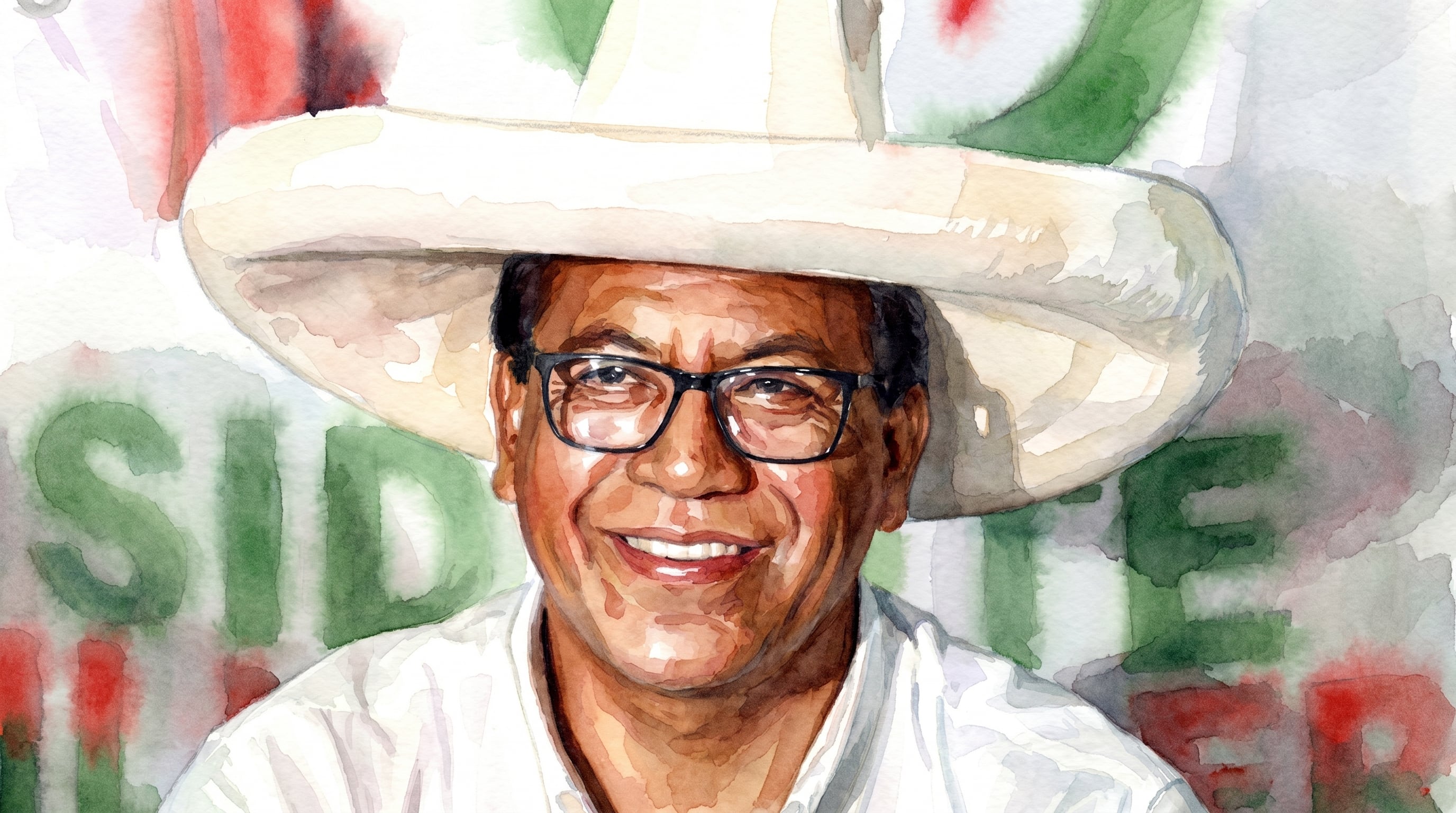 Ilustración en acuarela del candidato peruano Roberto Sánchez, sonriendo con un sombrero blanco y gafas, en un contexto electoral que lo llevó a la segunda vuelta. (Imagen Ilustrativa Infobae)