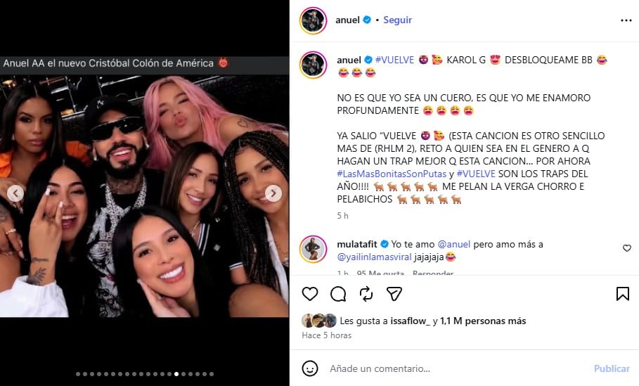 En su publicación, Anuel solicitó públicamente a la Bichota que lo desbloquee de las redes sociales mediante una publicación que fue tomada por los usuarios como un ardid publicitario - crédito @anuel/Instagram