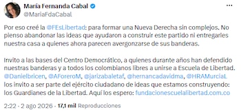 María Fernanda Cabal invitó a las bases del Centro Democrático a sumarse a los “Guardianes de la Libertad” - crédito @MariaFdaCabal/X