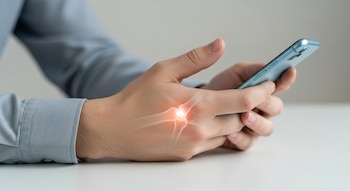 Una mano sostiene un teléfono inteligente. La imagen muestra una articulación del pulgar con un brillo rojizo que indica molestia o inflamación.