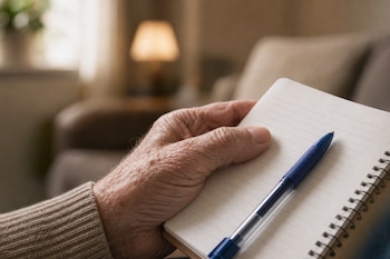 Mano de persona mayor sosteniendo una libreta abierta con un bolígrafo azul sobre una página con líneas.