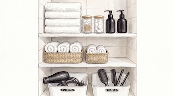 Ilustración acuarela de tres estantes de baño blancos con toallas, hisopos, bolas de algodón, botellas, secador de pelo, cepillo y peines, todo organizado.