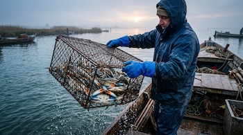 Pescador con impermeable azul y guantes levanta una jaula metálica con cangrejos azules desde una barca de madera al amanecer.