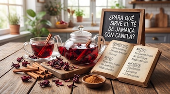 Una tetera y una taza de té de jamaica con canela, con flores secas de jamaica, ramas de canela, canela en polvo, una pizarra y un libro abierto.