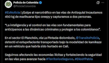 El automóvil utilizado para transportar el cargamento registra un reporte de hurto en la ciudad de Cali - crédito @PoliciaColombia / X