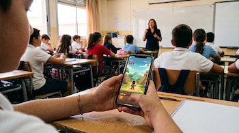 Manos de un estudiante sostienen un celular con un videojuego en pantalla, en un aula con otros alumnos y una profesora frente a un pizarrón.