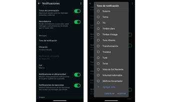 Menú de configuración de tonos de notificación en WhatsApp