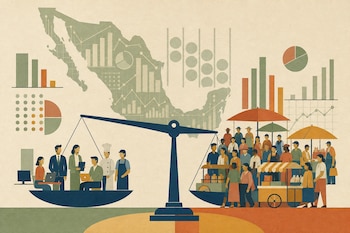 Ilustración de una balanza con profesionales a la izquierda y comerciantes ambulantes a la derecha, frente a un mapa de México con gráficos.