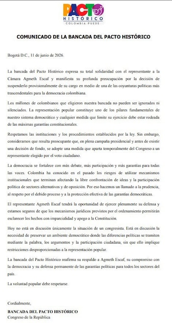 A través de un comunicado, la bancada del Pacto Histórico manifestó solidaridad con Agmeth Escaf y pidió respeto por las garantías democráticas - crédito @PactoCol/X