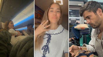 Imagen dividida en tres. Izquierda: mujer alimenta a un niño en avión. Centro: mujer rubia sonríe a cámara. Derecha: hombre con barba mira hacia abajo.