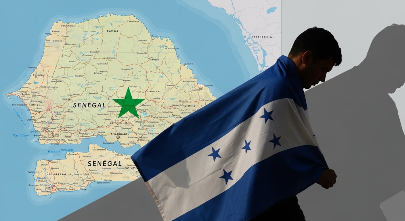 Un hombre deportado envuelto en la bandera de Honduras se sitúa frente a un mapa de Senegal. (Imagen Ilustrativa Infobae)