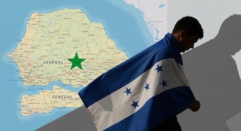 Un hombre cubierto con una bandera de Honduras frente a un mapa de Senegal con una estrella verde. Una sombra de hombre se proyecta a la derecha.