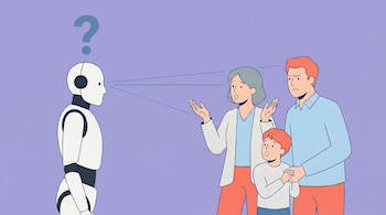 Ilustración de un robot blanco y gris frente a una familia. La familia tiene expresiones de asombro y un signo de interrogación flota sobre el robot. Fondo lavanda.
