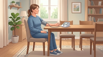 Ilustración de una mujer sentada a la mesa que mide su presión arterial con un tensiómetro automático de brazo.