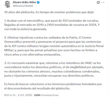 El expresidente de la República señaló que trajo consigo el aumento de la producción de estupefacientes como la cocaína, impulsó el narcotráfico y la violencia en el territorio - crédito @AlvaroUribeVel/X