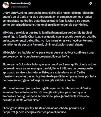 Petro planteó que Ecopetrol pueda generar energía eléctrica para el público y afirmó que Colombia Solar tiene $8 billones aprobados para la región Caribe - crédito @petrogustavo/X